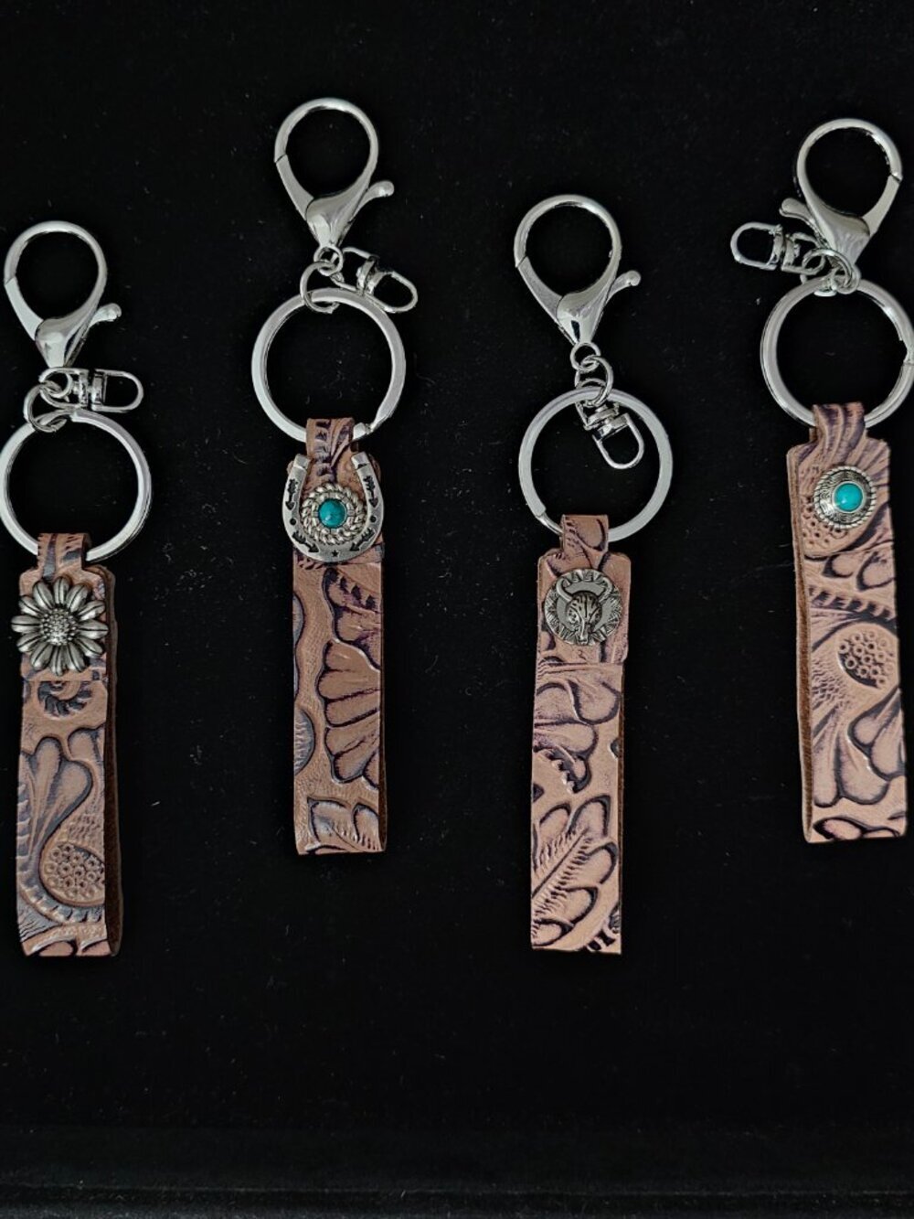 Leather Western Boho Embossed Cowhide Keychain Charm New Brown Turquoise